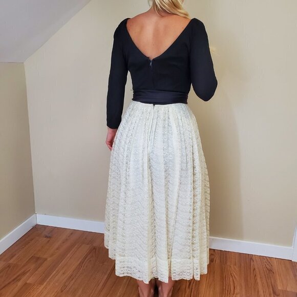 Vtg 50s 60s Fit Flare Dress Parklane Cupcake Lace/tulle V Back Midi S/4 - Picture 2 of 11
